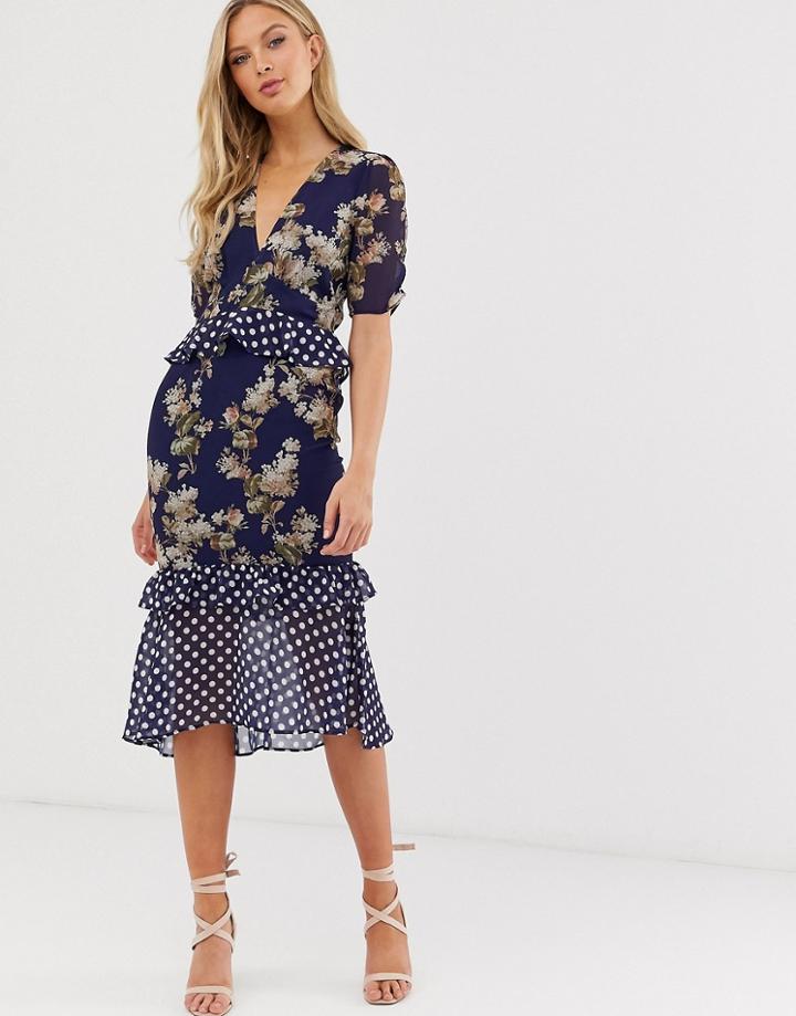 Hope & Ivy Floral Contrast Polka Dot Frill Midi Dress-navy