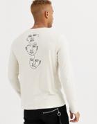Asos Design Long Sleeve T-shirt With Face Sketch Print On Back-beige