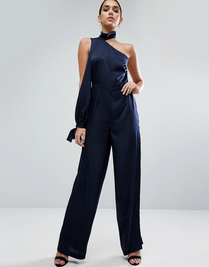 Asos Jumpsuit In Satin With One Shoulder And Roll Neck Detail - Navy