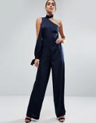 Asos Jumpsuit In Satin With One Shoulder And Roll Neck Detail - Navy