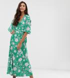 Brave Soul Tall Kea Midi Wrap Dress In Bold Floral Print - Green
