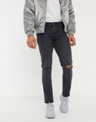 Asos Design Skinny Jeans In Washed Black With Knee Rips