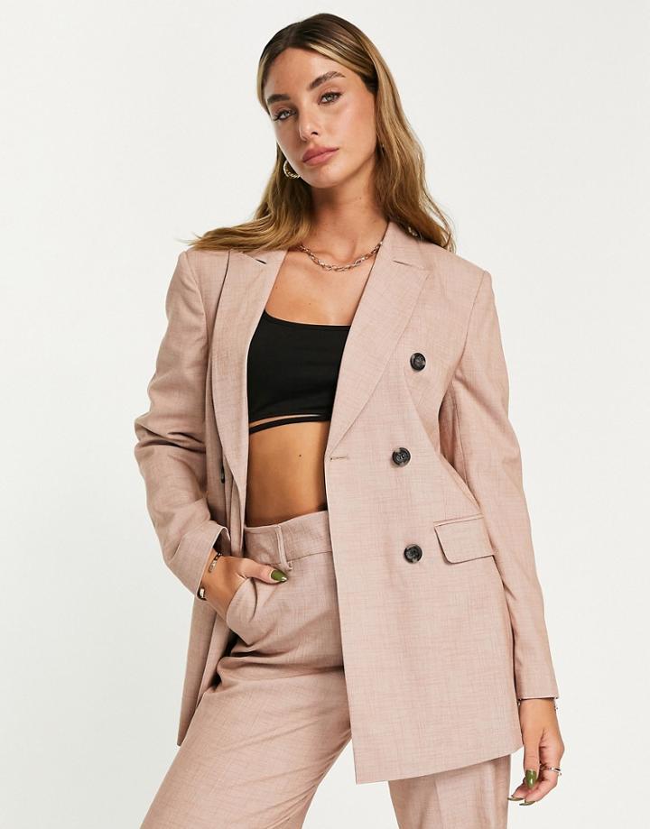 Asos Design Double Breasted Crosshatch Suit Blazer In Tan-brown