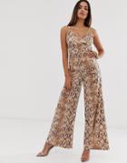 Rare London Sequin Ring Detail Jumpsuit In Snake Print