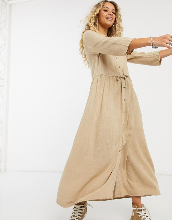 Vila Tie Waist Midi Dress In Tan-brown