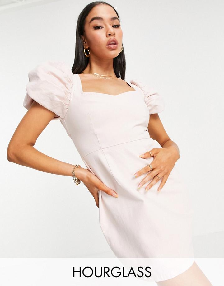 Asos Design Hourglass Denim Dress With Extreme Puff Sleeves In Pink