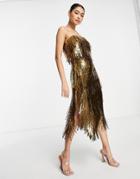 Asos Design Shard Detail Midi Dress With Sheer Waist Detail In Gold
