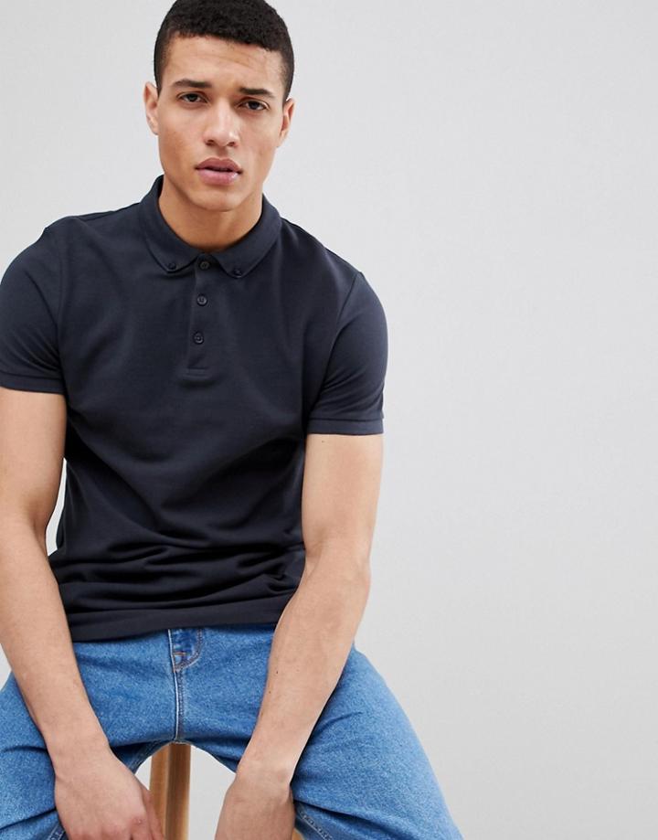 Asos Design Polo With Button Down Collar In Pique - Blue