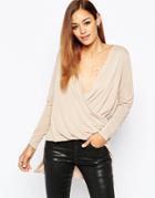 Asos Top In Cupro With Wrap Front And Drop Back Hem - Nude