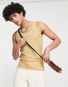 Asos Design Knitted Scoop Tank Top In Lightweight Rib In Tan-neutral