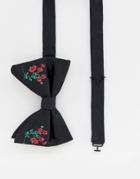 Moss London Bow Tie With Floral Embroidery - Black