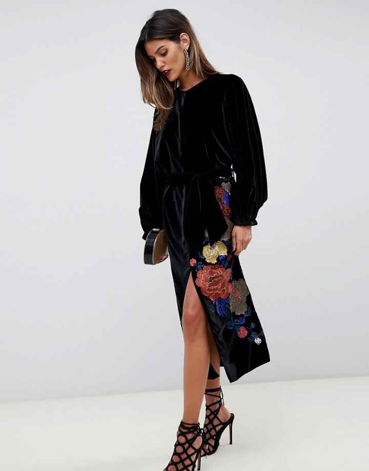 Asos Edition Velvet Embroidered Belted Midi Dress - Pink