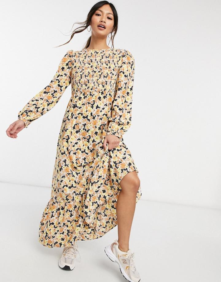 Fashion Union Midaxi Dress With Shirred Bodice And Tiered Skirt In Floral-multi