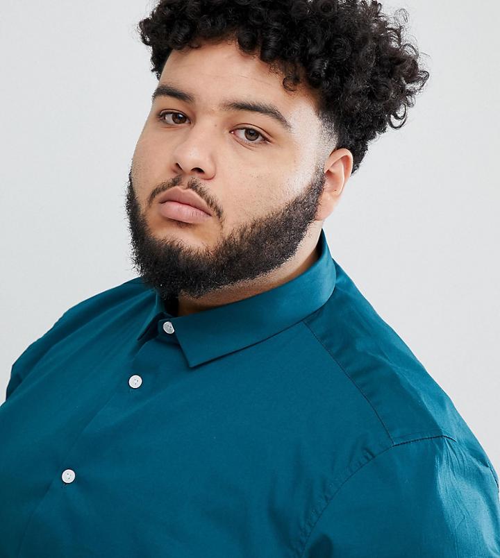 Asos Design Plus Slim Shirt In Teal With Short Sleeves - Green
