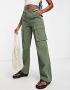 Bershka Straight Leg Cargo Pants In Dark Khaki-green