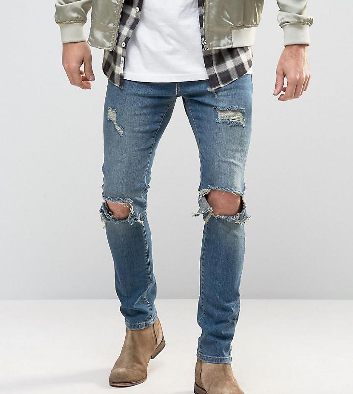 Mennace Muscle Fit Slim Jeans With Rips In Mid Wash - Blue