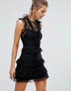 True Decadence Lace Mini Dress With Tiering And Frills - Black