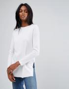 Asos Top In Textured Rib With Long Sleeves And Side Splits - White