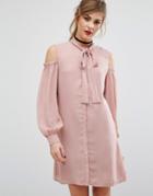 Fashion Union Cold Shoulder Dress With Tie Up Bow Neck - Pink