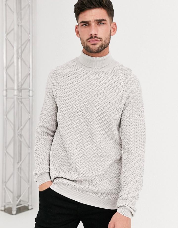 Asos Design Knitted Roll Neck Sweater With Basket Texture In Light Gray-grey