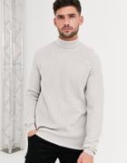 Asos Design Knitted Roll Neck Sweater With Basket Texture In Light Gray-grey