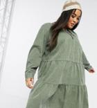 Noisy May Curve Tiered Smock Dress In Washed Khaki-green
