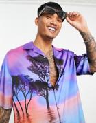 Asos Design Relaxed Revere Satin Shirt In Scenic Print-purple