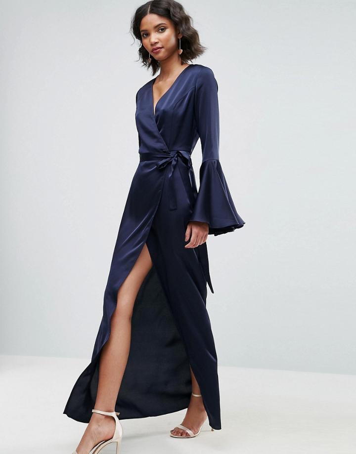 Asos Fluted Sleeve Wrap Front Maxi Dress - Blue