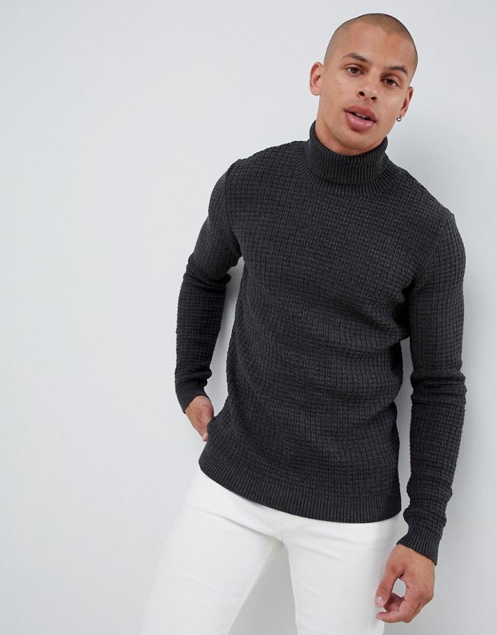 Asos Design Muscle Fit Waffle Textured Roll Neck Sweater In Charcoal - Gray