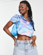 Asos Design Capped Sleeve Shirt In Lilac And Blue Marble-multi
