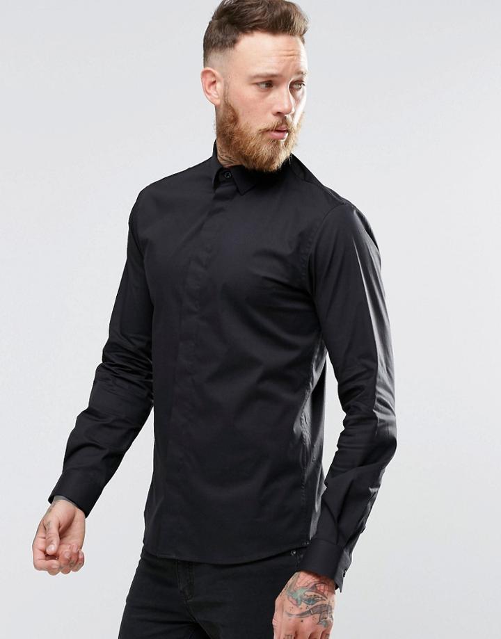 Noose & Monkey Skinny Shirt With Point Collar With Stretch - Black