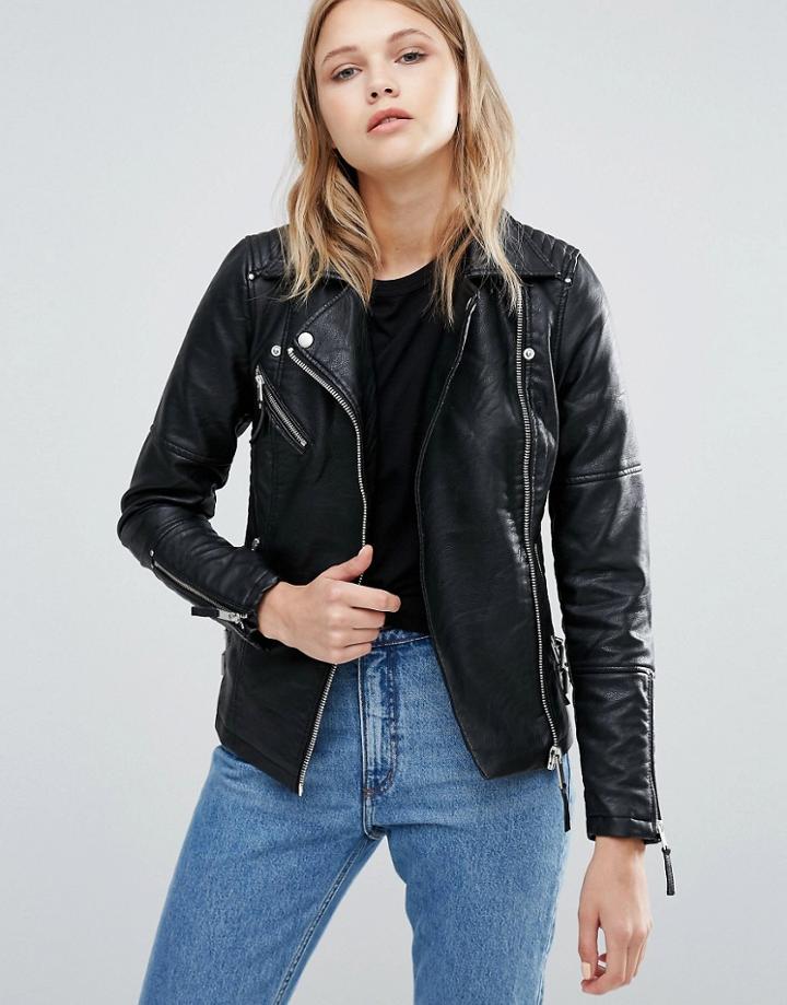 Warehouse Leather Look Biker Jacket - Black