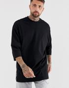 Asos Design Oversized Super Longline T-shirt With 3/4 Sleeve In Black - Black