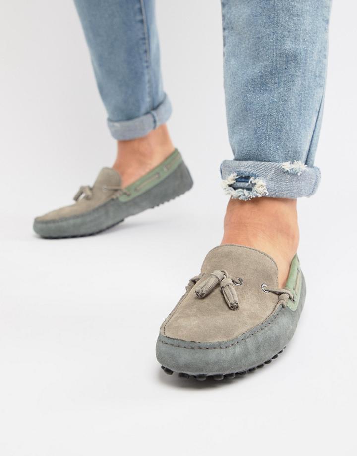 Asos Design Driving Shoes In Gray And Blue Suede With Tassels - Navy