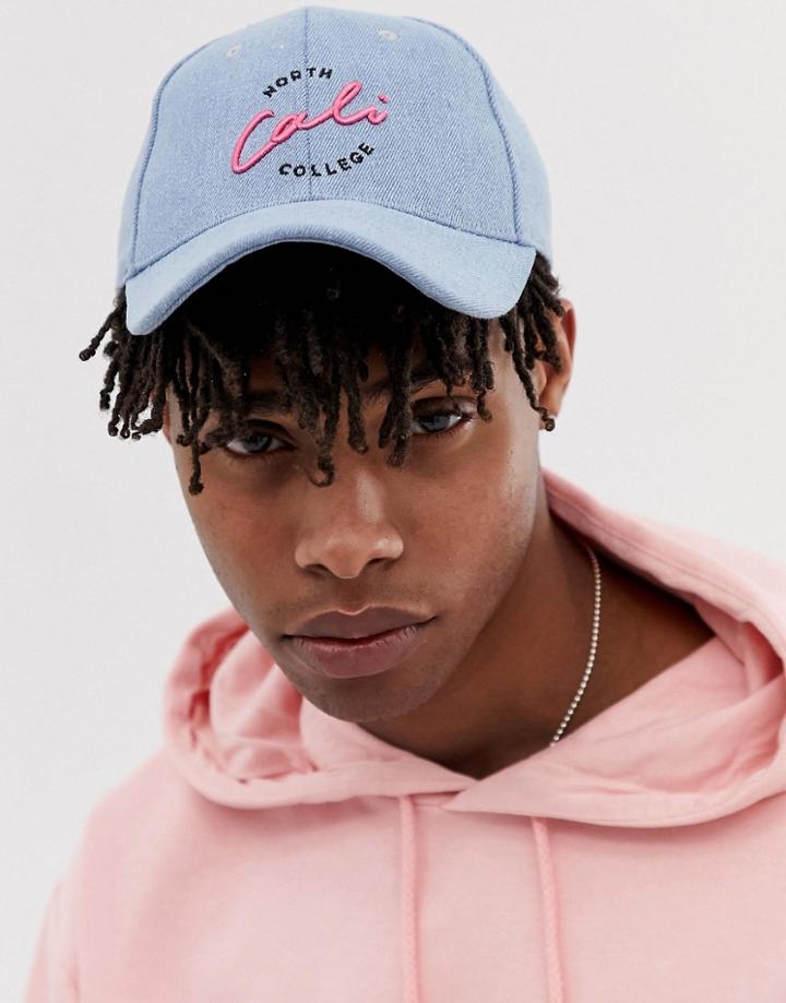 Asos Design Baseball Cap In Denim With 'cali' Embroidery - Blue