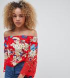Parisian Petite Off Shoulder Floral Top With Crochet Trim - Red