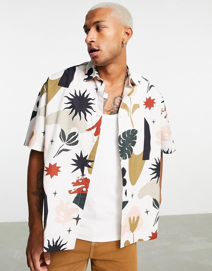 Asos Design Boxy Oversized Linen Look Shirt In Abstract Print-white