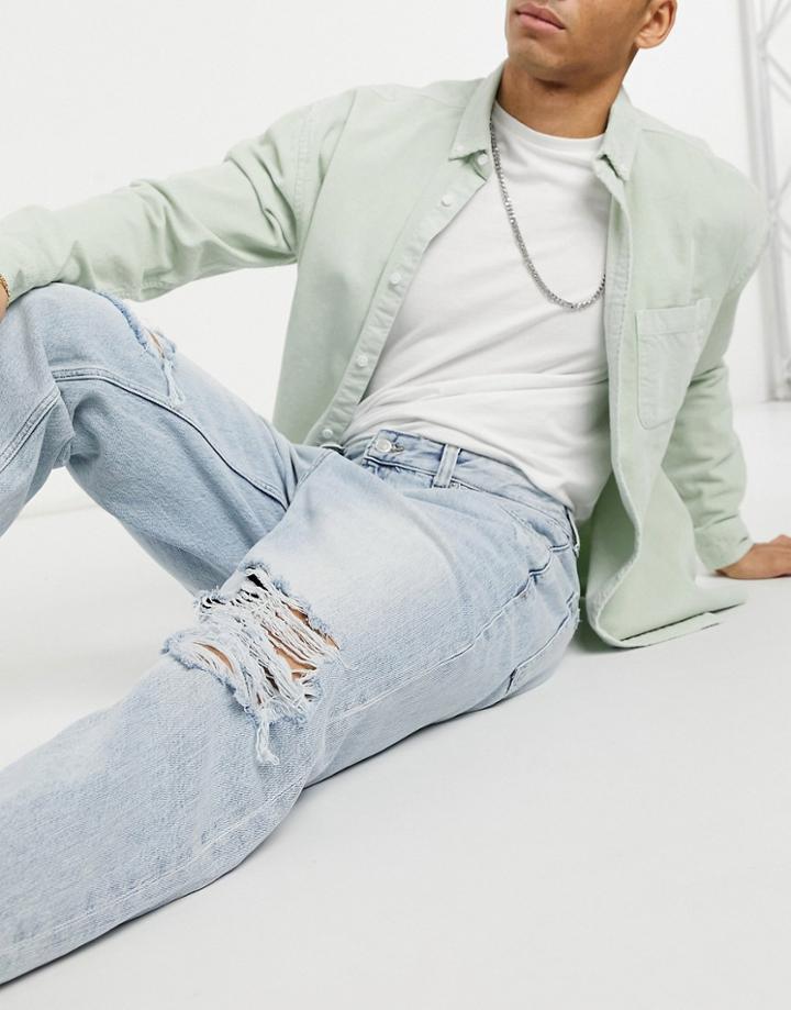 Bershka Loose Fit Jeans In Light Blue With Rips-blues
