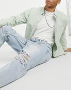 Bershka Loose Fit Jeans In Light Blue With Rips-blues