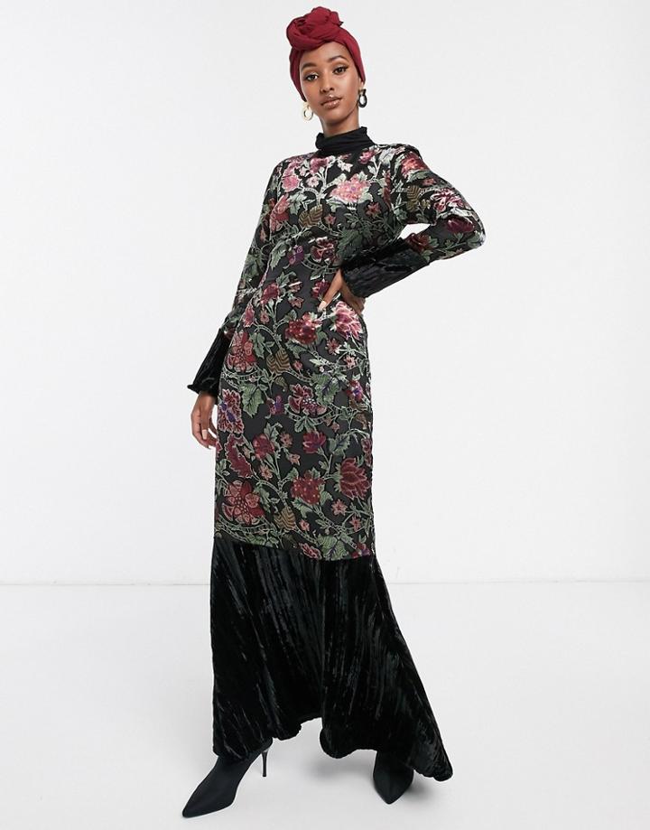 Verona High Neck Maxi Dress With Fluted Sleeve In Velvet Burnout