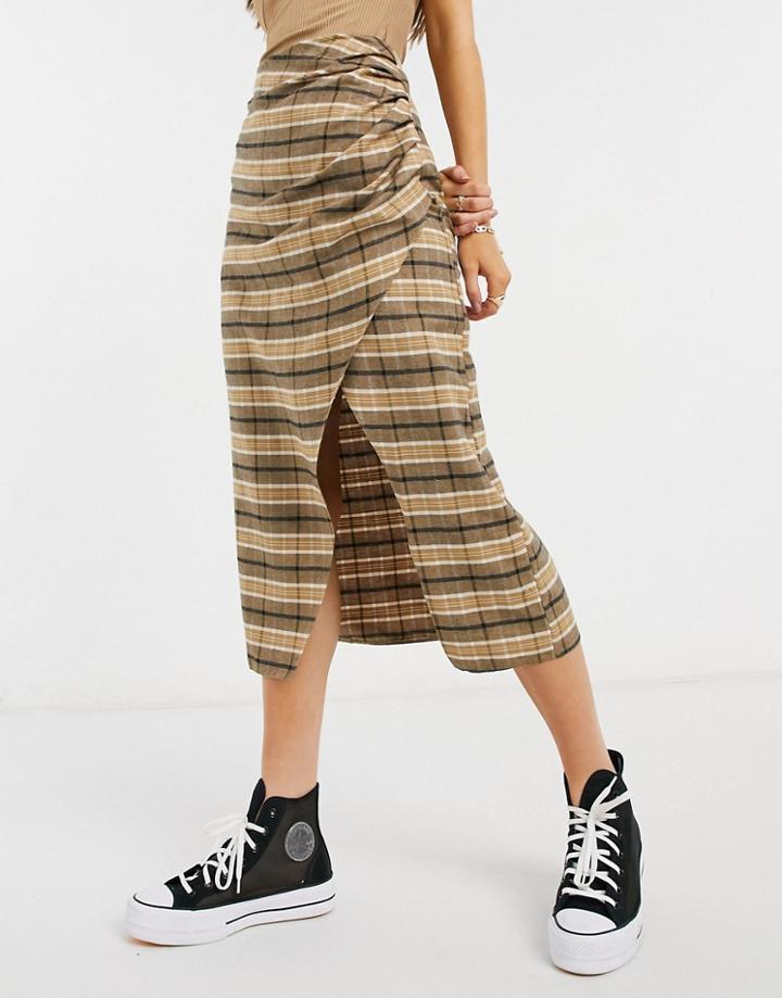 Asos Design Wrap Midi Skirt In Check Print-multi