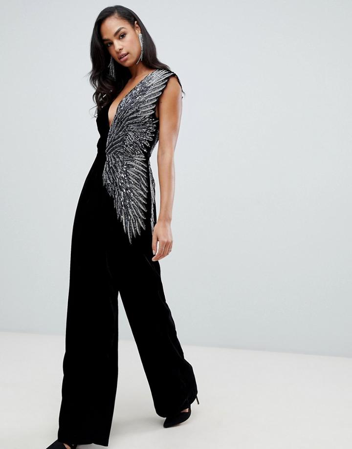 Asos Edition Velvet Jumpsuit With Feather Embellishment - Multi