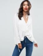 Asos Oversized Wrap Blouse With Dip Hem - Cream