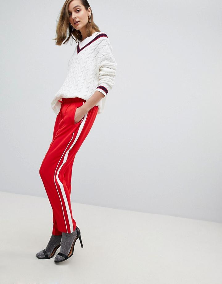 Stradivarius Tie Waist Soft Double Stripe Pants - Red