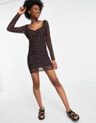 Asos Design Mesh Ruched Mini Dress With Long Sleeves In Black Cherry Print