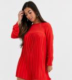 Asos Design Petite Pleated Trapeze Mini Dress With Long Sleeves-red
