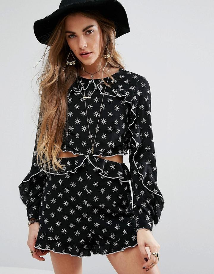 Honey Punch Embroidered Frill Romper With Cut Out - Black
