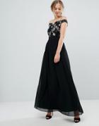 Little Mistress Floral Embroidered Off Shoulder Maxi Dress - Black