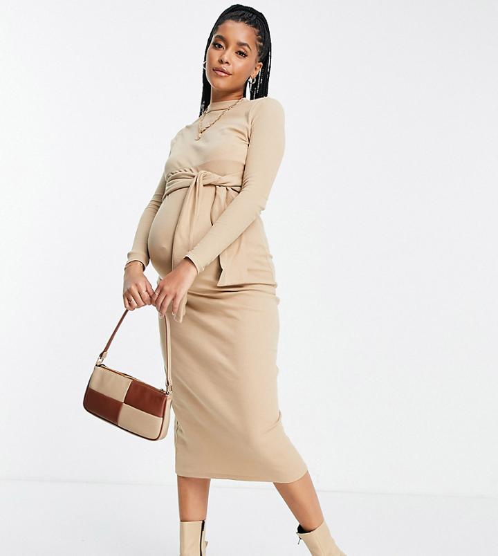 Topshop Maternity Ribbed Long Sleeve Tie Waist Midi Dress In Camel-neutral