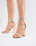 True Decadence Rose Gold Ankle Tie Block Heeled Sandals - Gold